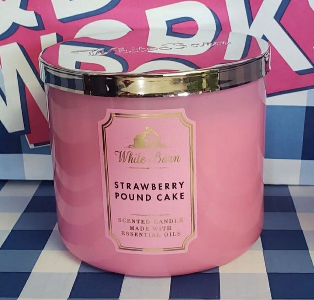 BBW Strawberry Pound Cake Large 3 Wick Candle Home Fragrance Decor Pink Jar
